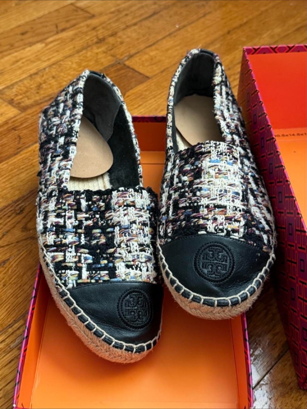 Tory Burch Color Block Flat Espadrille Striped Tweed Leather - Size 9
